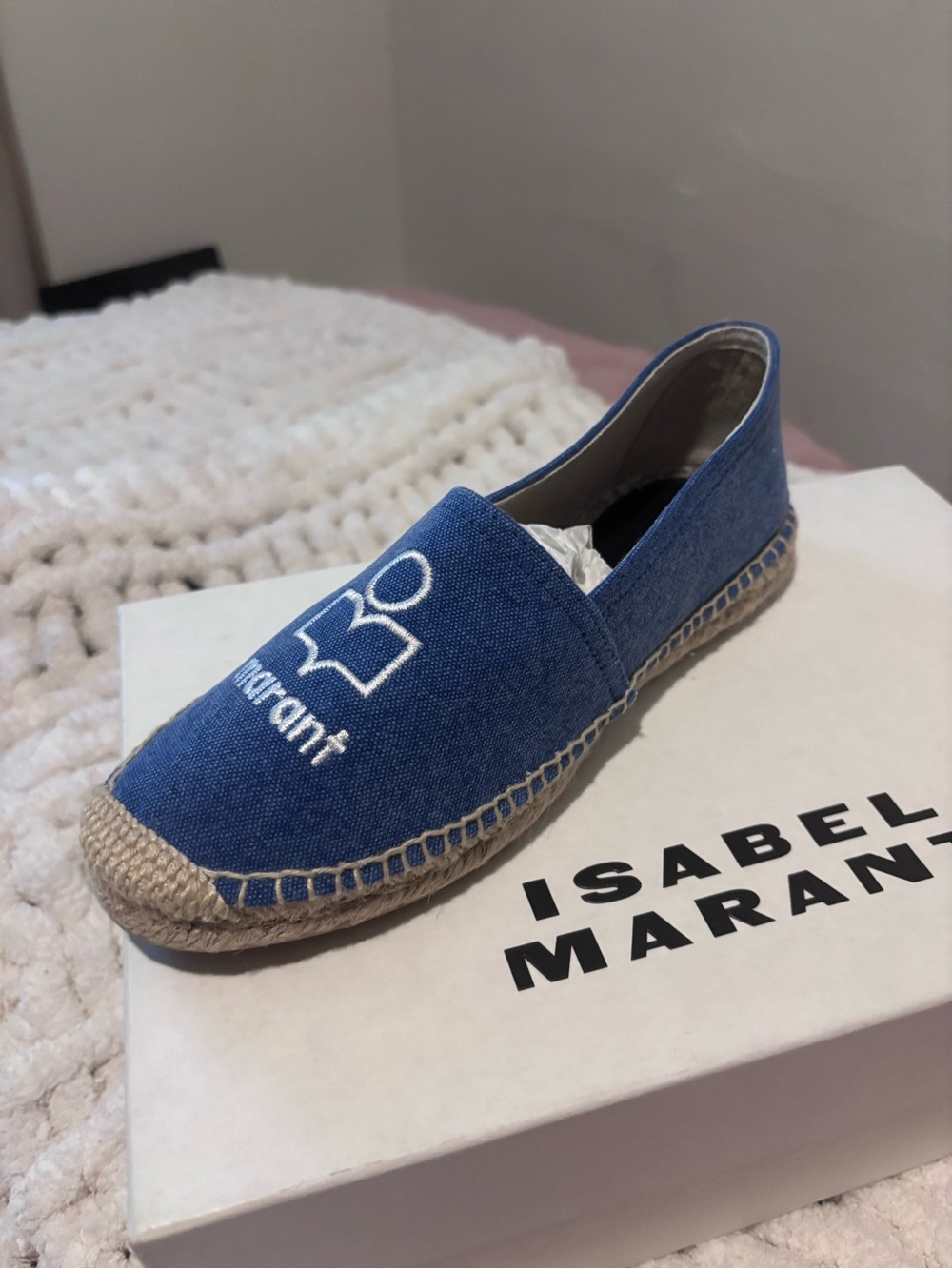 Isabel Marant Denim Blue Espadrille Slip-On with White Logo